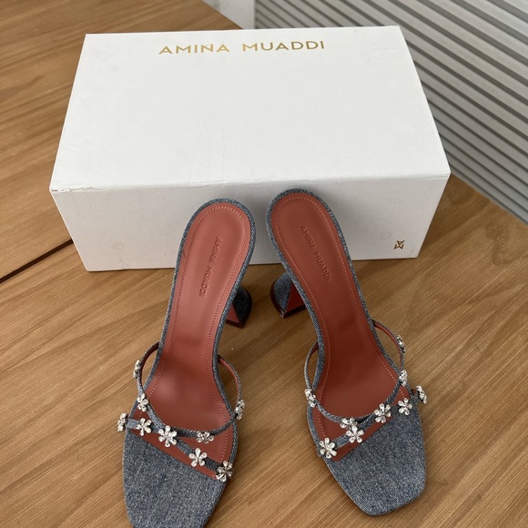 *SOLD* NEW Amina Muaddi Lily Crystal Embellished Slide Sandal (DENIM) SIZE US 9 - Picture 7 of 7